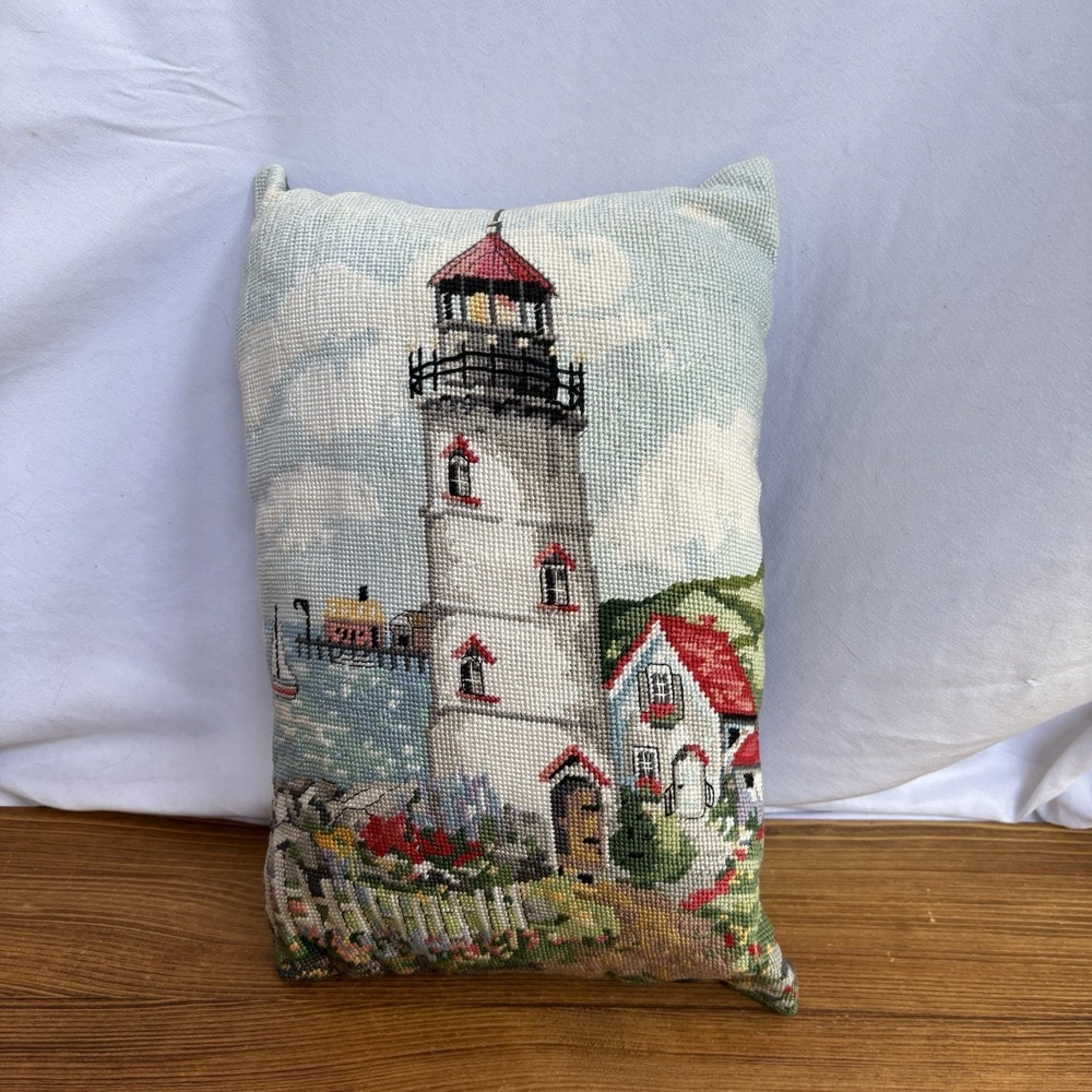 Lighthouse Needlepoint Throw Pillow Coastal Nautical Tapestry Decorative Cushion